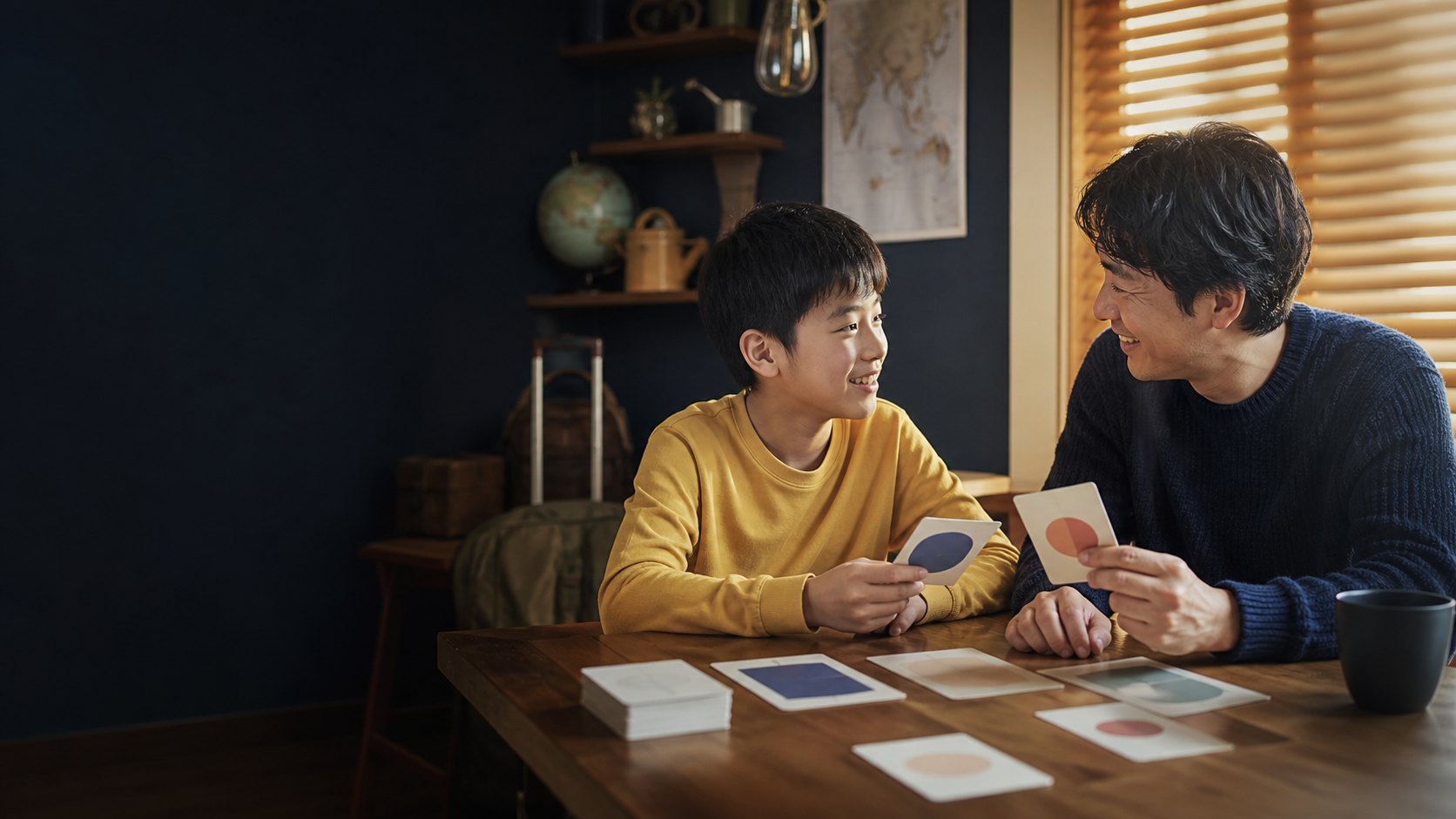 ダイニングテーブルでカードを手に話す親子