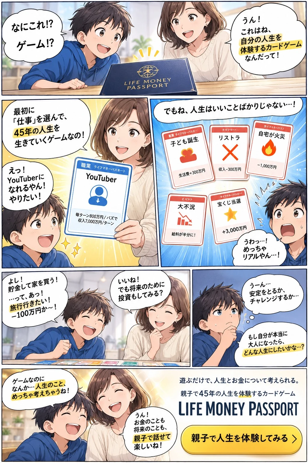 漫画。親子でLIFE MONEY PASSPORTの箱を開け、YouTuberの職業カードを選ぶ。子ども誕生、リストラ、自宅が火災、大不況、宝くじ当選のカードに驚き、貯金か旅行か投資かを話し合い、安定かチャレンジかを考える。最後に親子で笑い合う。